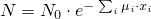 $N = N_0 \cdot e^{-\sum_i\mu_i \cdot x_i}$