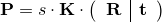 $\mathbf{P} = s \cdot \mathbf{K} \cdot \left(\begin{array}{c|c} \mathbf{R} & \mathbf{t} \end{array}\right)$
